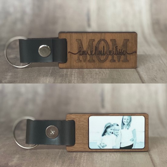 WOODEN KEYCHAIN WITH PHOTO ON ONE SIDE, LASER ENGRAVED DESIGN ON THE OTHER.